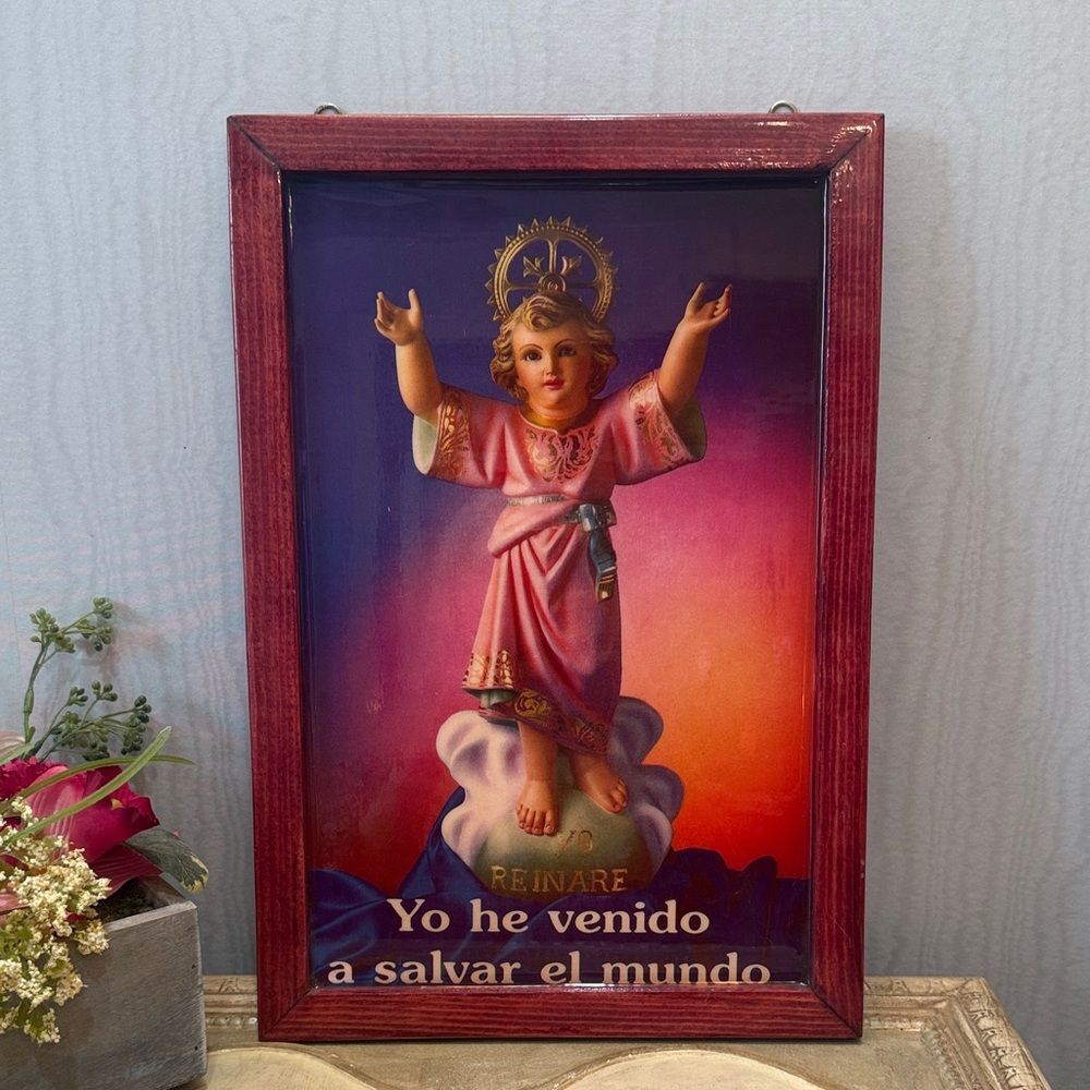 Large Vintage Lacquered Framed Divino Nino Divine Child Jesus
